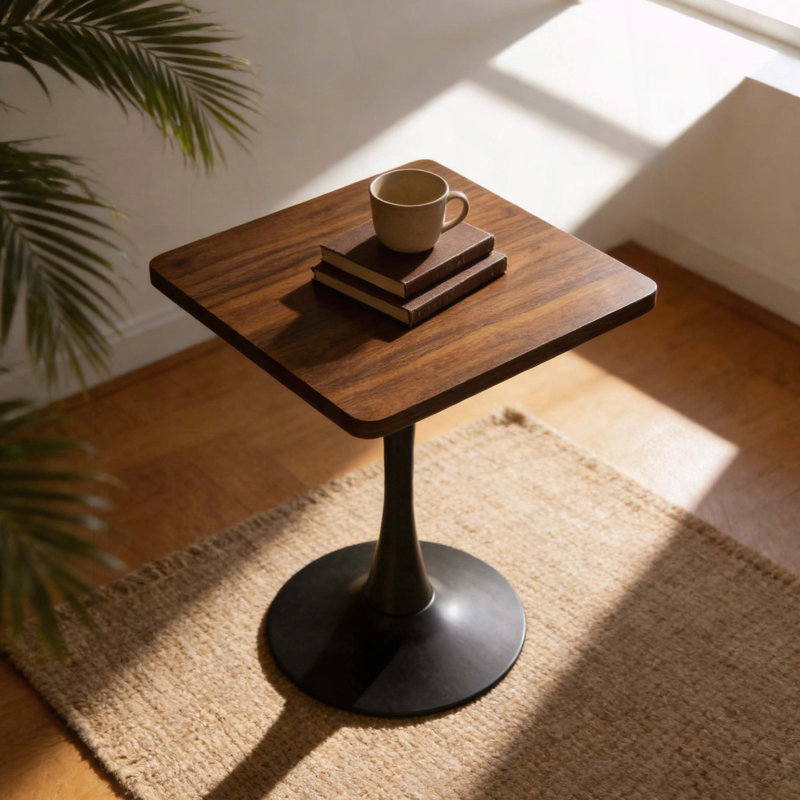 Table tulipe carrée 23,6 po - Bord épaissi, piédestal en métal, style Mid-Century moderne (noyer)
