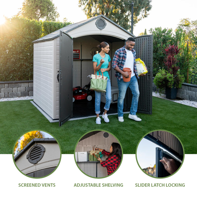 High-Density Polyethylene Outdoor Storage Shed with Steel-Reinforced Construction, 95" H x 96" W x 90" D