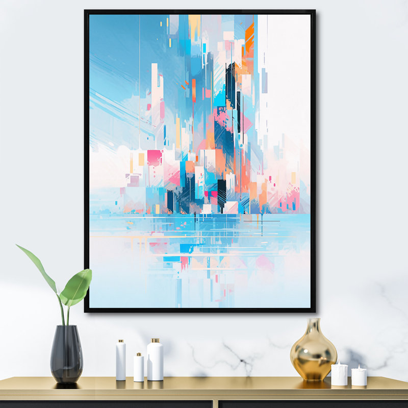 «Teal Peach Interlocking Perspectives» sur toile, H 44 po x l 34 po x P 1,5 po, Cadre flottant noir