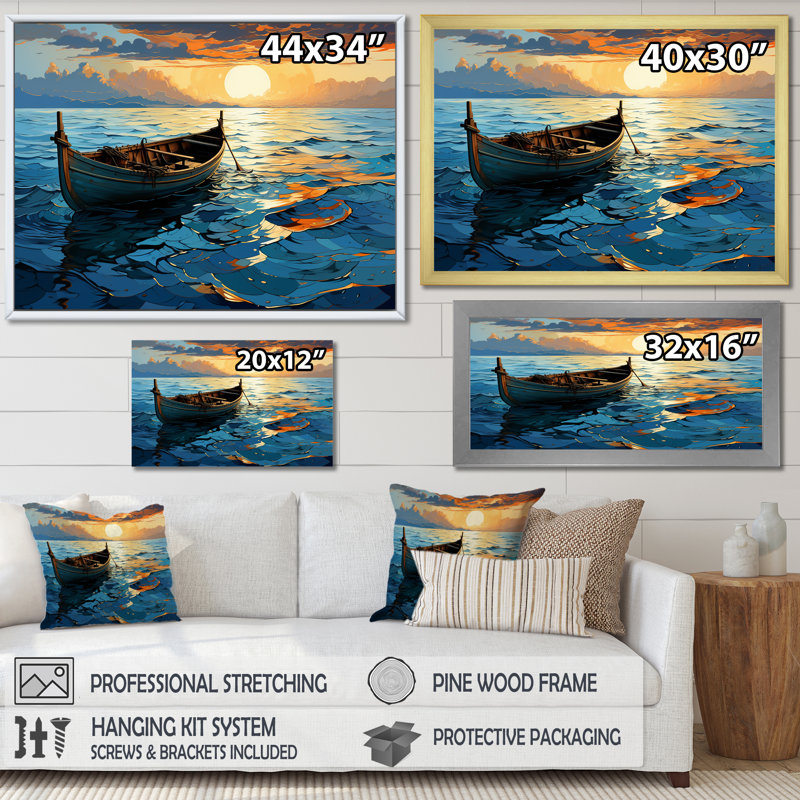 Coucher de soleil sur un bateau en mer - Bateau côtier, art mural, Cadre flottant doré, H 16 po x l 32 po x P 1 po