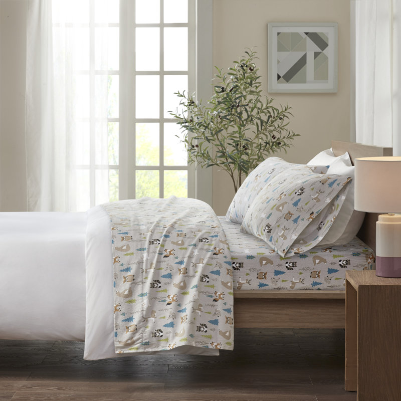 Cozy Flannel 100% Cotton Sheet Set, California King Sheet Set with 2 Pillowcases, Multi Forest Animals