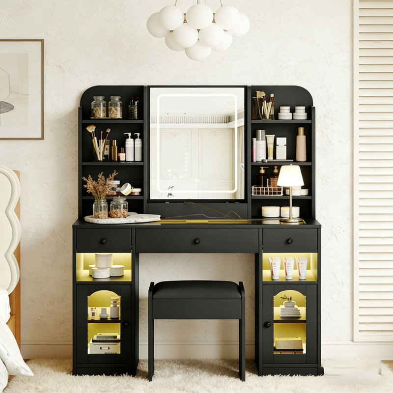 Bureau de coiffeuse 43,2 "avec miroir à DEL et tablettes de rangement et tabouret pour la chambre à coucher, Noir