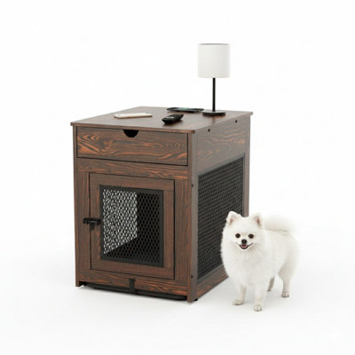 Dog Crate Furniture,Wooden Dog Crate End Table With Storage Drawer&Cushion&Tray, QC3.0 Wireless Charging,Dual USB,Small Dogs Rustic Style