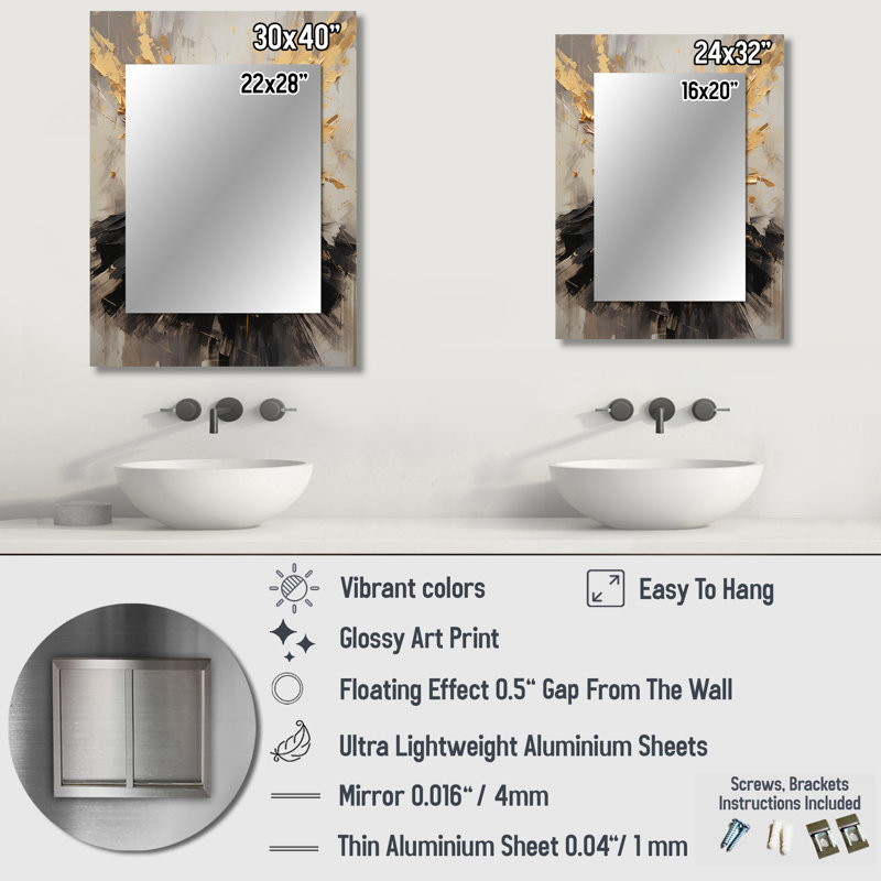 Or et noir Dance Splash I - miroir unique de danse, grand miroir mural beige, impression d'art en métal, 32 po x 24 po