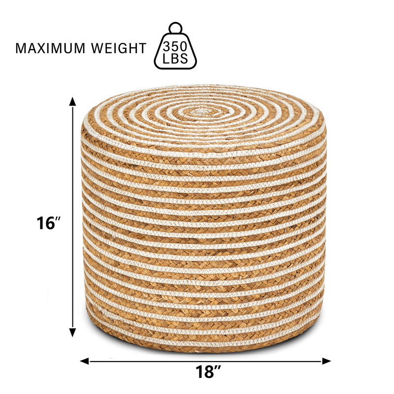 Onaway Upholstered Pouf, Natural Water Hyacinth + White Cotton Rope