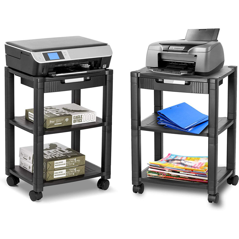 Black Rolling Printer Cart with Storage and Cable Management
