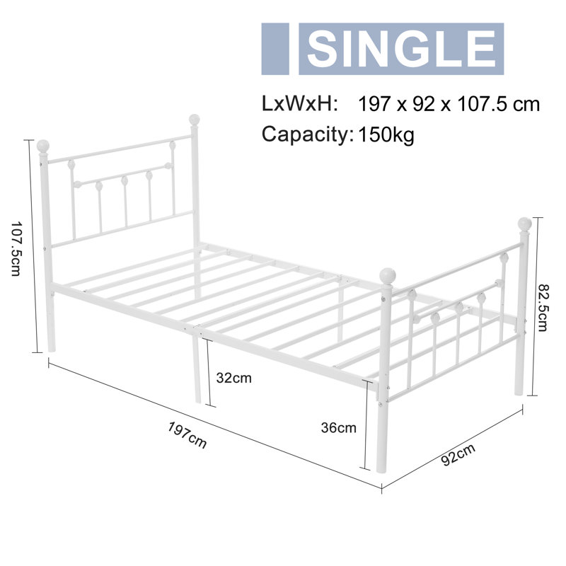 YT Metal Bed Frame w/Headboard and Footboard Platform Bed Frame Single Double Size, Single (3'), White