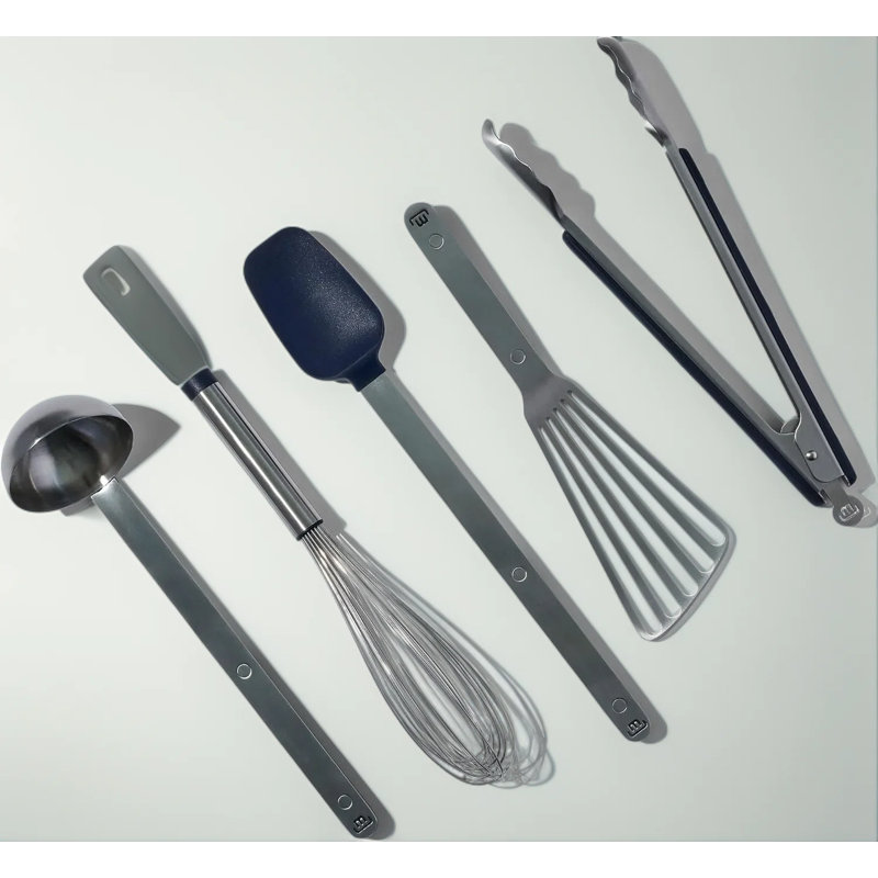 Ensemble d'ustensiles de cuisine professionnel en acier inoxydable 5 pièces avec louche, pinces, fouet, cuillère, cuillère à poisson pour la cuisson et la cuisson