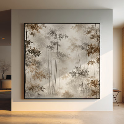 Très grand imprimé sur toile - Forêt de bambou brumeux avec un paysage de nature asiatique minimaliste dans des tons neutres pour le salon ou la chambre à coucher «Assemblage requis (cadre non fini)»