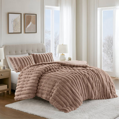 3 Pieces Full/Queen Ultrasoft Faux Fur Ribbed Comforter Set,Mocha