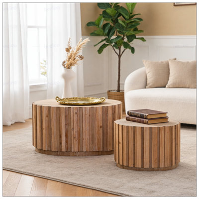 19.7"+27.5" Round Nesting Coffee Table Set of 2, Walnut Wood Accent Tables with Vertical Slatted Body, Rustic Farmhouse Side Tables for Living Room