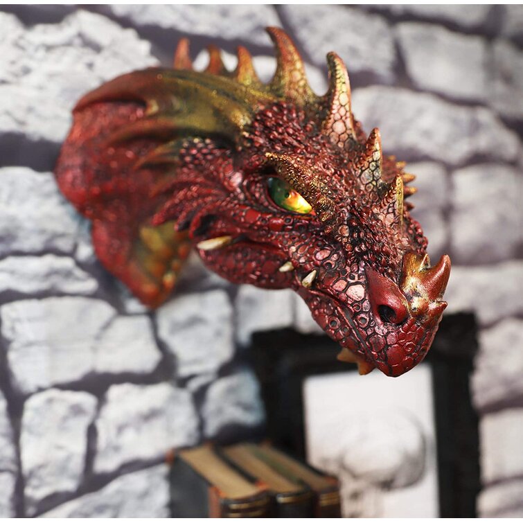 Gifts & Decor Medieval Gothic Dungeon Dragon Guarding Relic Welcome Sign Wall Mount Sculpture Plaque Made of Resin