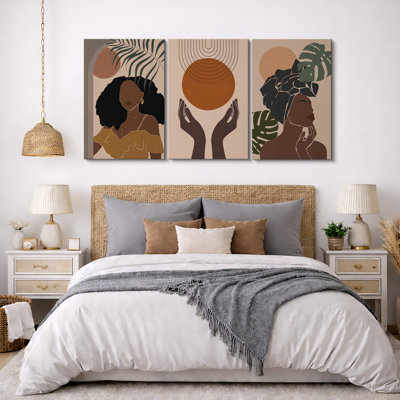 Mid Century Modern Boho African American Stylish Black Woman Female Portrait Mid-Century Modern Boho Abstract Jungle Plant Framed On Canvas 3 Pieces Print