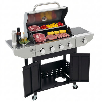 KEESTP Propane Grill 4 Burner Barbecue Grill Stainless Steel Gas Grill with Side Burner, 46,500 BTU Outdoor Cooking, Patio, Garden Barbecue Grill, Black and Silver