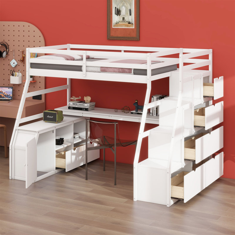 Lit mezzanine avec tiroirs, tablettes et bureau, Blanc