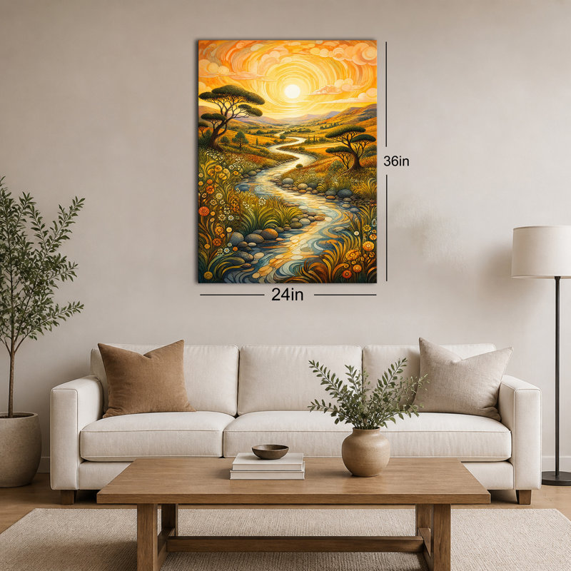 Impression sur toile, paysage tendu stylisé, coucher de soleil sur fond de rivière, campagne tendue, 16 x 24 po