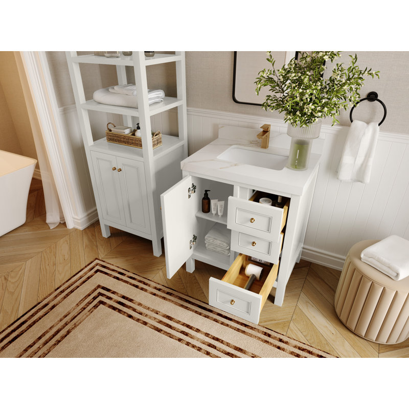 30 po Nashville X P 22 po D Meuble-lavabo simple avec 2 po Marbre de Carrare, Albâtre, Or brossé