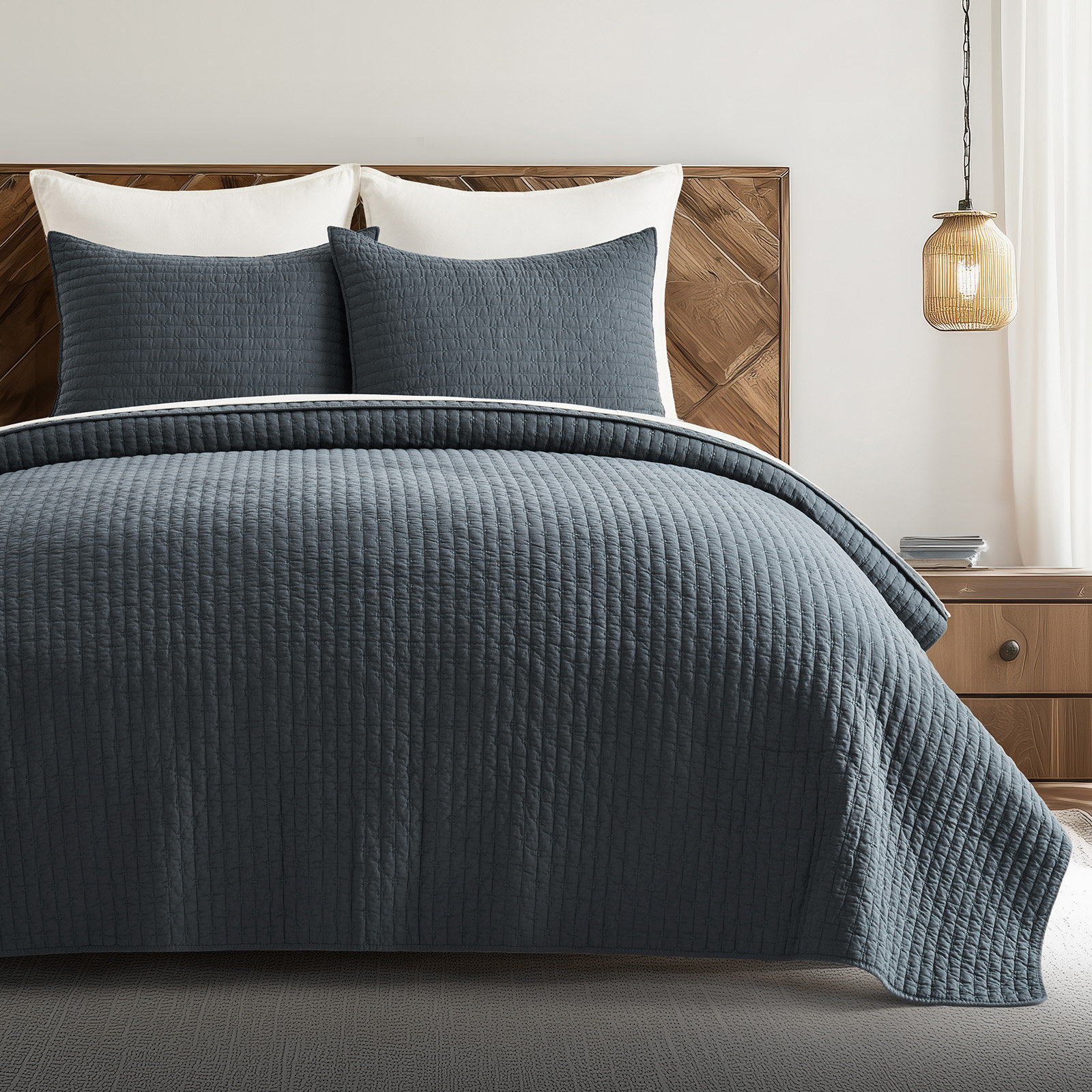Cotton Quilt Set, King + 2 Shams, Midnight Blue