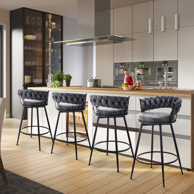 Barstools Counter Height Set of 4, 360°Swivel Bar Stools 26" Stool Chair Suede Fabric Modern Woven Design Bar Chairs with Back and Footrest for Kithcen Cafe Pub