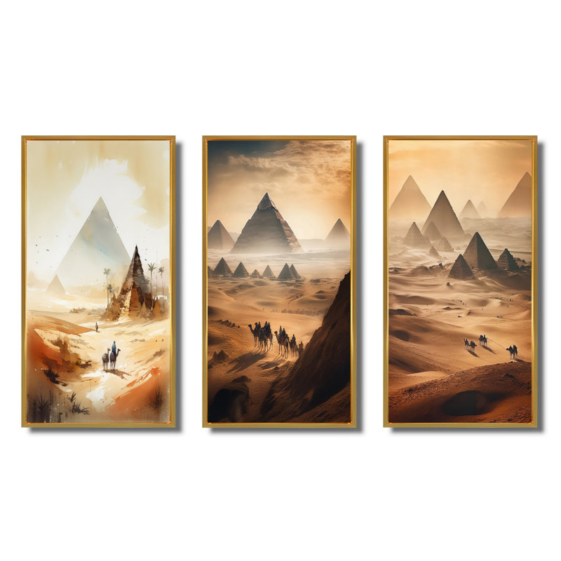 " Camel Ride Through The Desert " 3 - Pieces, 40" H x 60" W, Gold Floater Framed