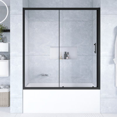 60 In. W X 62 In. H Single Sliding Shower Door For Bathtub In Matt Black ,  1/5 Inch Thick Clear Tempered Glass  | Stainless Steel Handle
