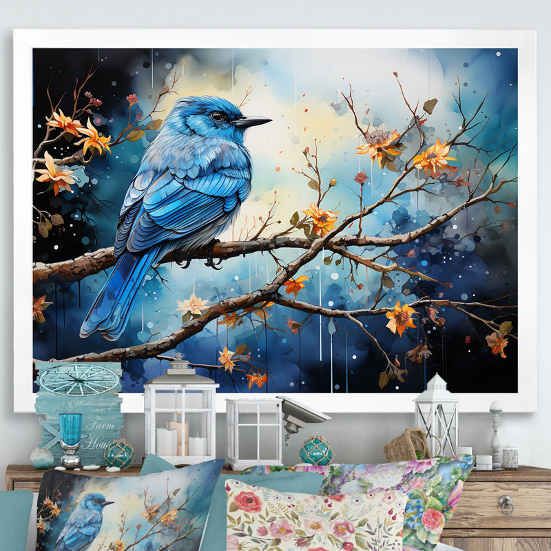 Oiseau aquarelle Auras II sur toile, Cadre simple blanc, H 12 po x l 20 po x P 1 po