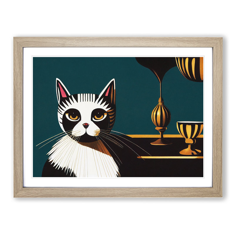 Sitting Cat Abstract - Framed Print, 25cm H x 34cm W x 2cm D, Oak