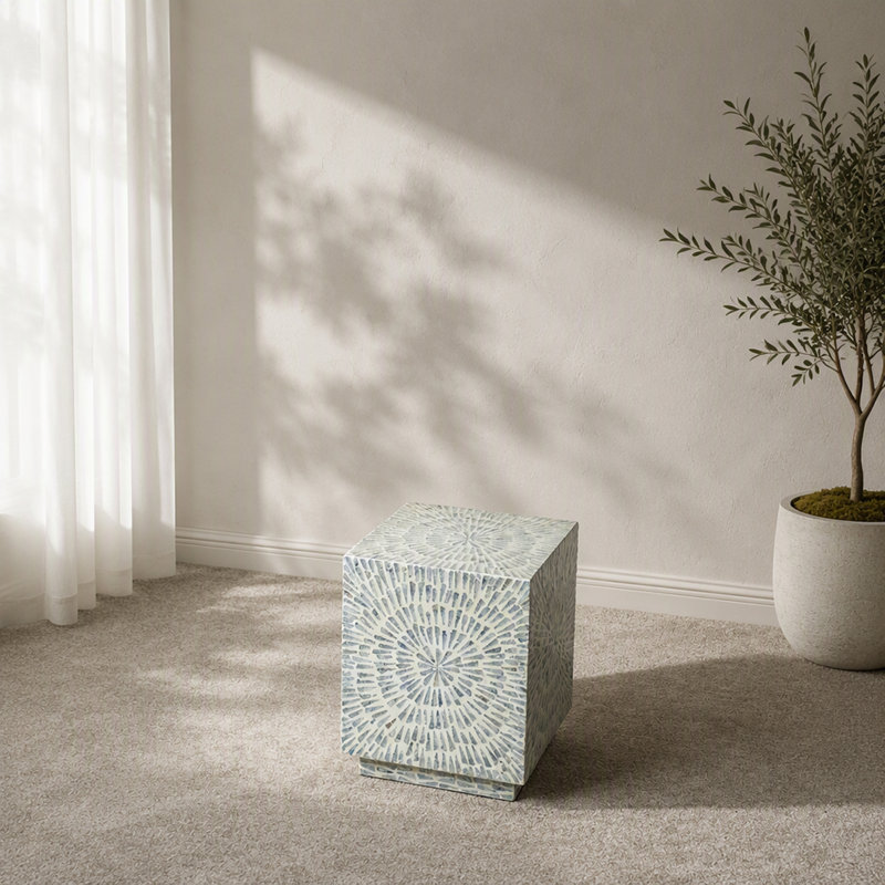 Gray Square Capiz Inlay Accent Stool with Starburst Pattern