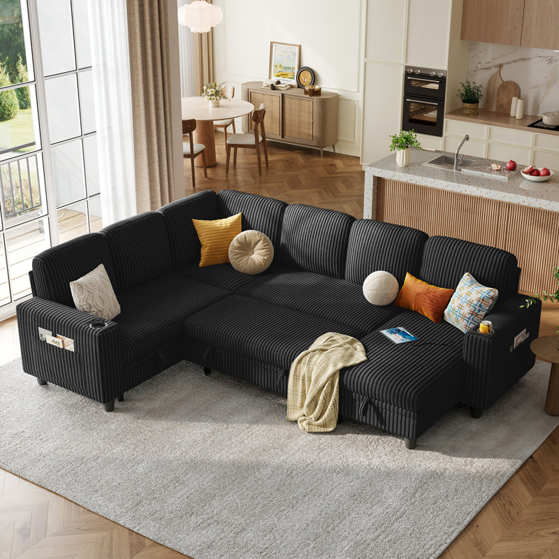 Sherry 106" Convertible Plush Corduroy Sleeper Sectional With Storage Chaise & USB Charging, Effie Black Corduroy