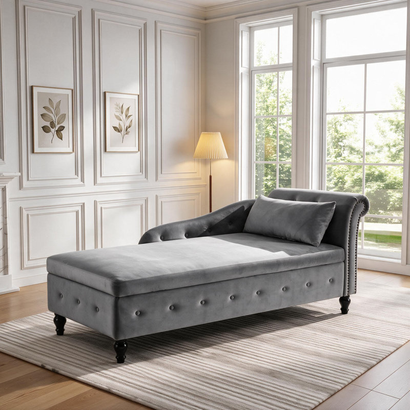 Méridienne surdimensionnée rembourrée en velours avec rangement caché L 74 po Maci, Orienté vers la gauche, Gris foncé