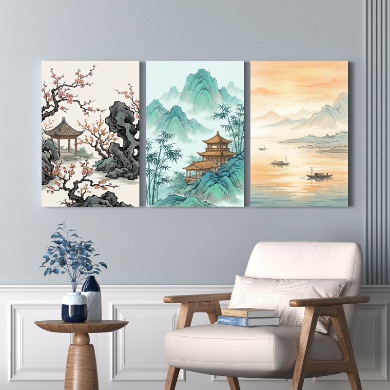 Ensemble de 3 tableaux sur toile représentant des paysages chinois, parfaits pour décorer un salon ou une chambre.
