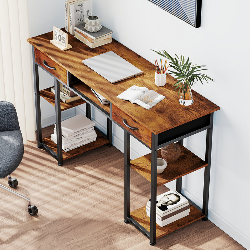 48 Inch Home Office Computer Desk with Fabric Storage Drawer and Shelves, Brown
