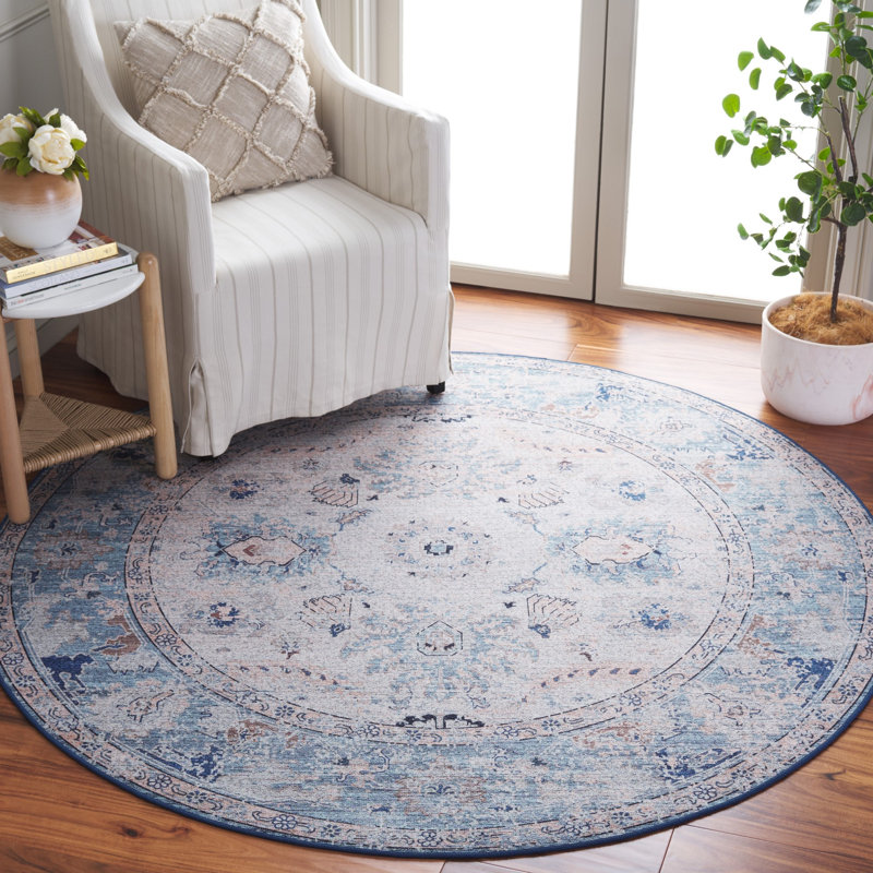 Tapis bleu / beige en polyester tissé à la machine Kerge, Rond 6 pi