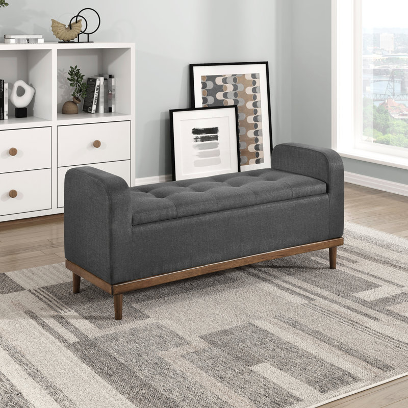 Banc Mid-Century moderne en bois massif, tissu texturé gris foncé, chambre, siège rembourré d'une hauteur de 22,5 po, profondeur du siège de 18,5 po
