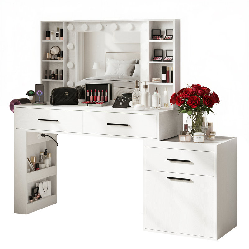 Modern Large Vanity Desk with Mirror and Lights, Makeup Vanity with 3 Color Light Modes, Vanity Table with 3 Drawers, 6 Shelves, 2 Side Shelves & Large Telescoping Side Cabinet, Built-in Power Outlet