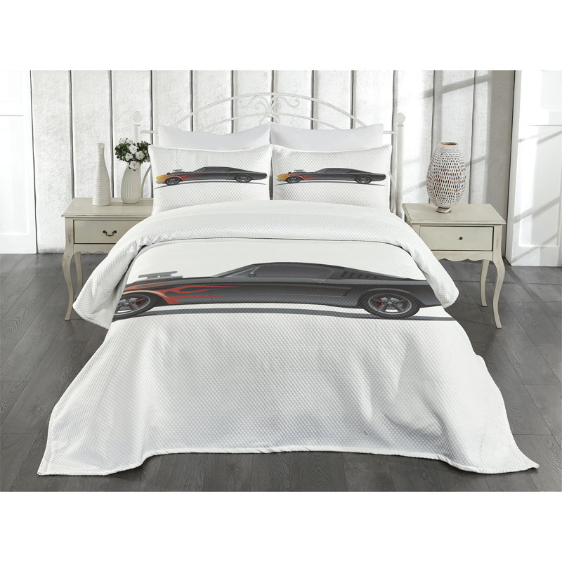 Gray Quilted Queen Bedspread Set with Car Design