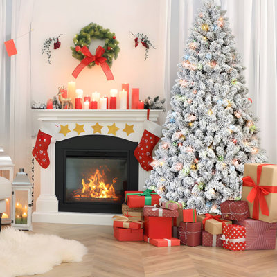 Arbre de Noël enneigé 6 pi avec 350 lumières Ul multicolores et 36 branches de pin - 888 branches, charnières pour un assemblage rapide, support en métal, lumières colorées, base réelle et fiable