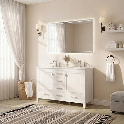 Meuble-lavabo double TONA de 48 po sur pied avec dessus en céramique blanche brillante, 6 tiroirs, 2 tiroirs, style moderne, résidentiel, luxe abordable, hôtels, centres commerciaux