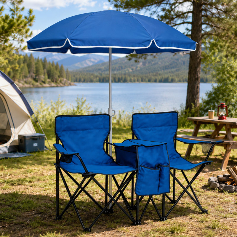 Outdoor Folding Chair Set for 2 with Umbrella for Lawn and Beach