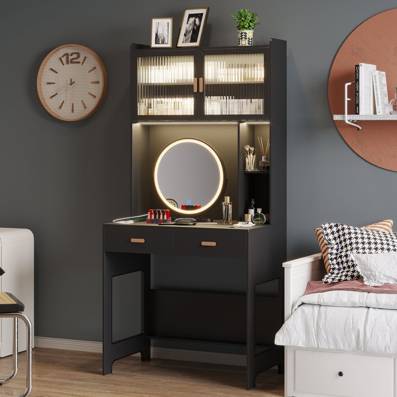 Berwaldt 31.5'' W Rectangle Computer Desk with Hutch and Cabinet, Black