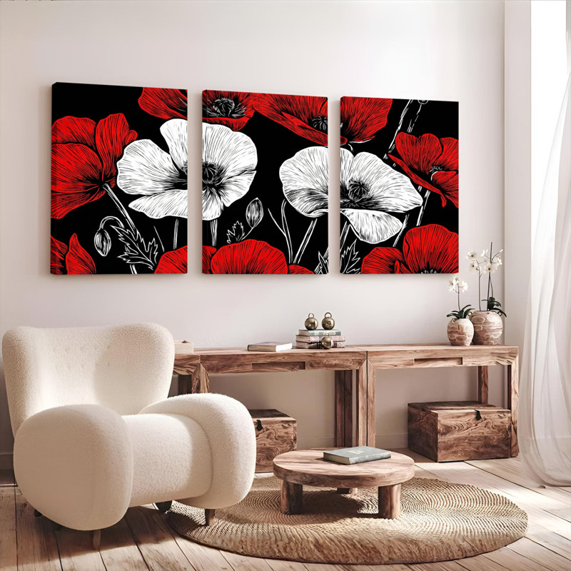 Ensemble de 3 tableaux muraux sur toile tendue, motif floral de coquelicots rouges et blancs, 2436