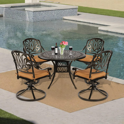 Ensemble de salle à manger d'extérieur 5 pièces, ensemble de conversation en aluminium coulé résistant aux intempéries, ensemble de mobilier de patio pour balcon, comprenant 4 chaises de salle à manger pivotantes, une table ronde de 35,4 po avec tr