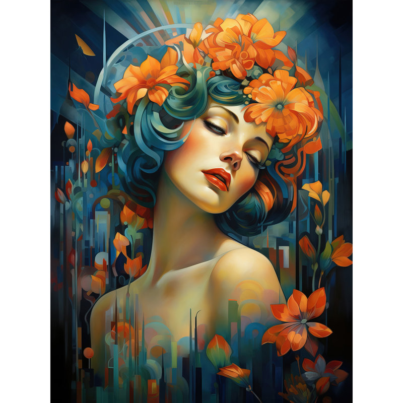 Wall Art Print Woman Portrait with Flowers Modern Art Deco Vibrant Artwork Blue Floral Headband Poster