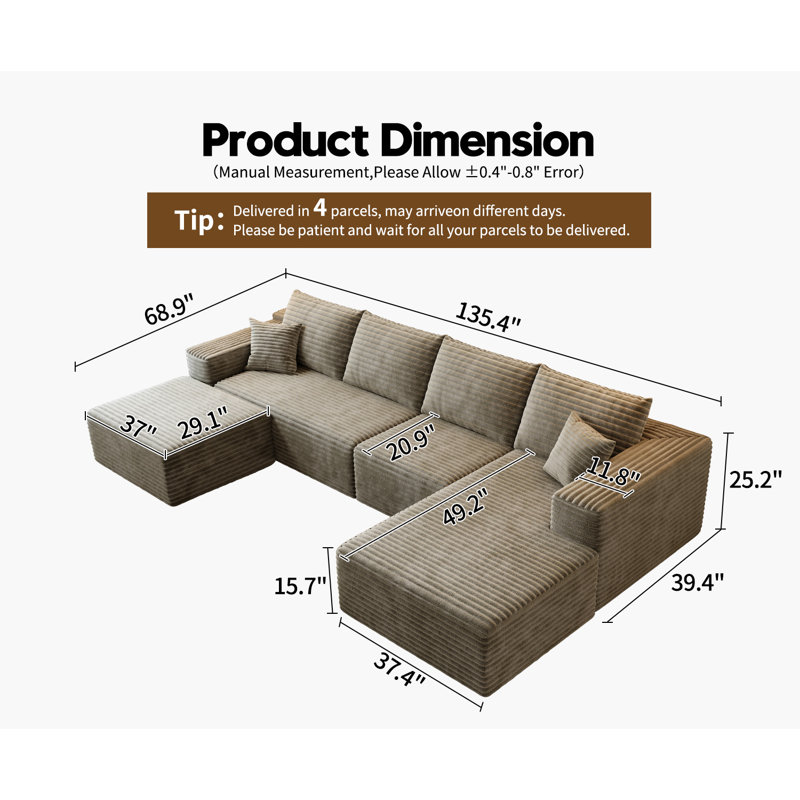 Canapé modulaire Simonsen Boneless, Face à la droite, Tissu velours côtelé moelleux Camel