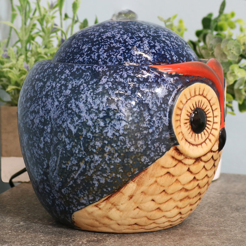Whimsical Blue and Brown Ceramic Owl Tabletop Fountain