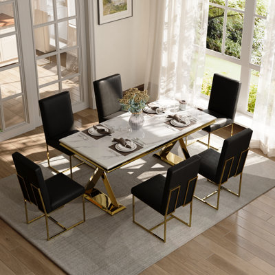 Luxurious Black Leather Dining Chairs With Mirrored Gold Metal Legs Set Of 6