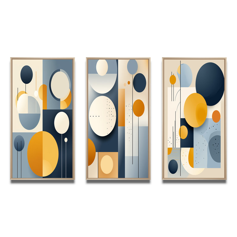 Ensemble de 3 imprimés géométriques circulaires en jaune et bleu I, Cadre naturel flottant, H 32 po x l 48 po