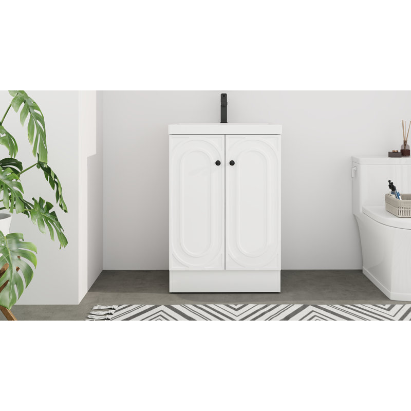 Armoire de salle de bain autoportante 24 po blanche avec lavabo en résine et portes à fermeture douce