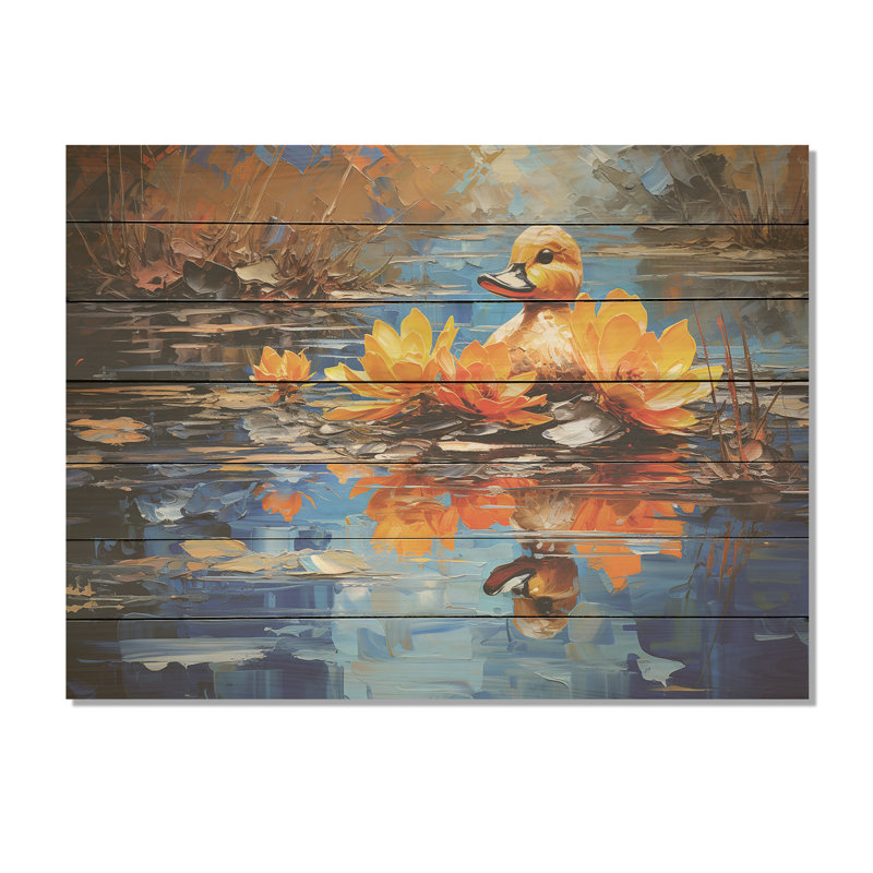 Canard bleu et brun dans un étang III - animal canard sur bois, H 34 po x l 44 po