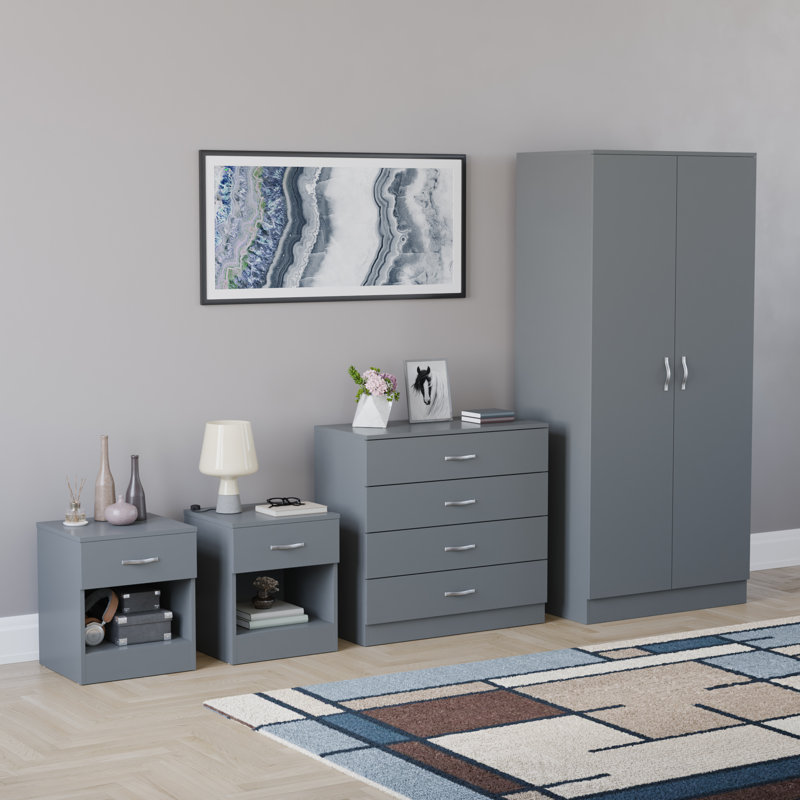 Tayce 4 Piece Bedroom Set (1 Drawer Bedside Cabinet X2, 4 Drawer Chest, 2 Door Wardrobe), Grey